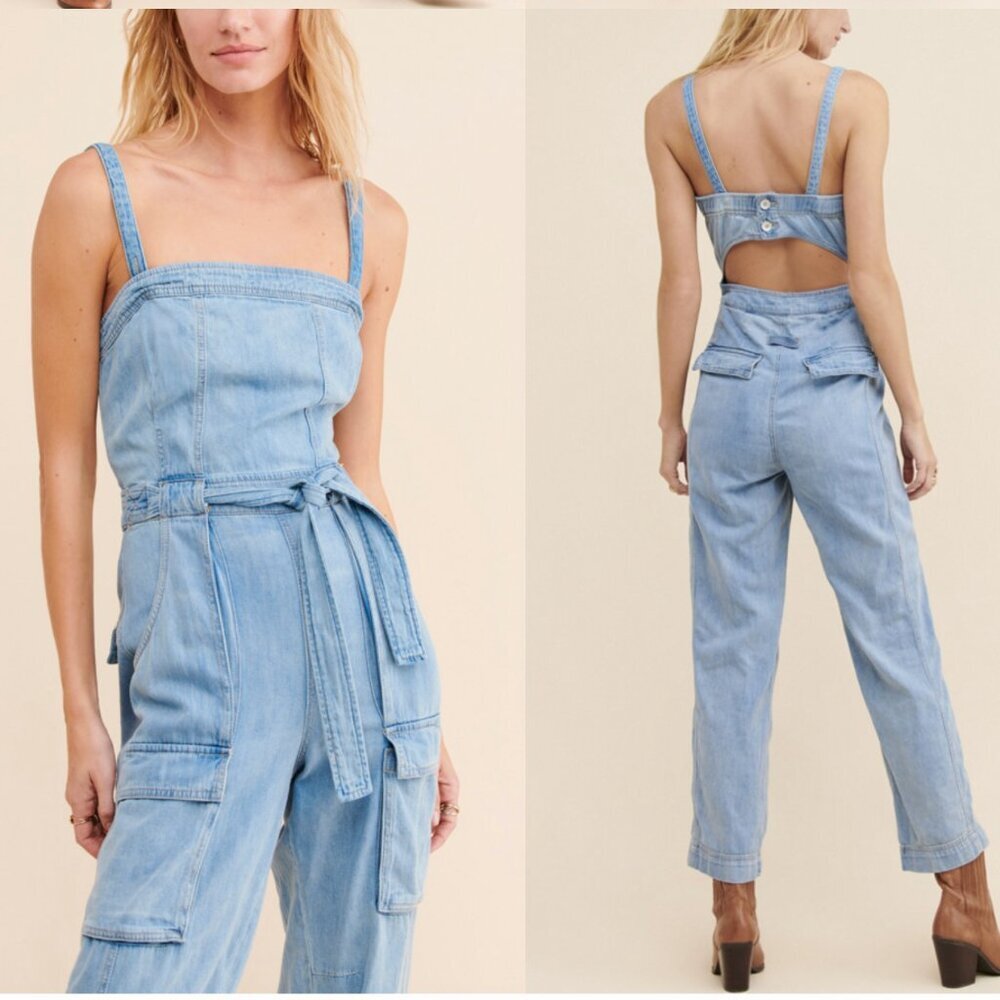 Free People Go West Light Blue Denim Cargo Jumpsuit Size Medium - Picture 2 of 14